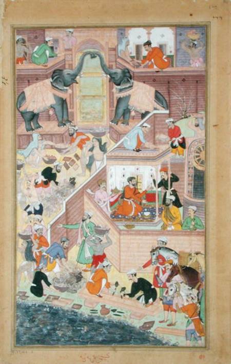Emperor Akbar (r.1556-1605) inspecting the building work at Fatepur Sikri, from the 'Akbarnama' made à École moghole
