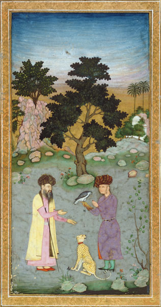 Falconer with companion and pet cheetah, from the Small Clive Album à École moghole