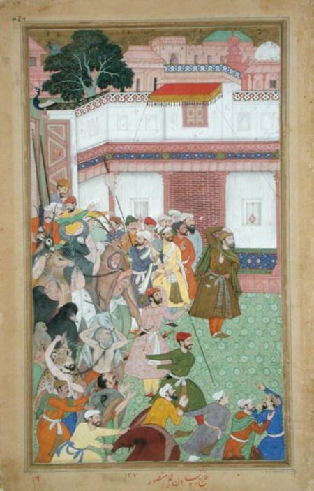 Fatepur Sikiri, 1573: Hasain Quli Khan-l Jahan presenting his prisoners to Emperor Akbar (r.1556-160 à École moghole