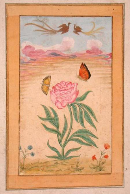 Flowering plants with birds of paradise and butterflies, from the Small Clive Album à École moghole