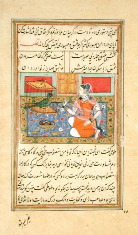 Kjujista, the Merchant's Wife, talking to a Parrot, Calligraphy & illustration from the 'Tuti'nama', à École moghole