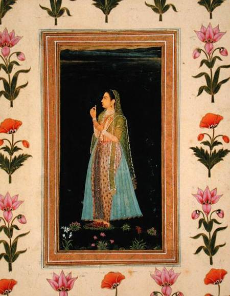 Lady holding a blossom, from the Small Clive Album à École moghole