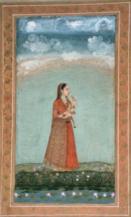 Lady holding a bowl of rose flowers, from the Small Clive Album à École moghole