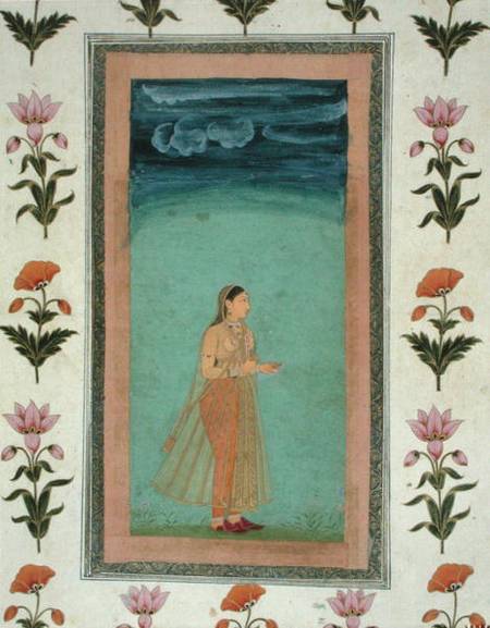 Lady holding a flower, from the Small Clive Album à École moghole