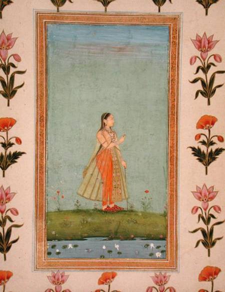Lady holding a flower, standing by a lily pond, from the Small Clive Album à École moghole