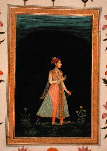 Lady holding a wine flask and glass at night, from the Small Clive Album à École moghole