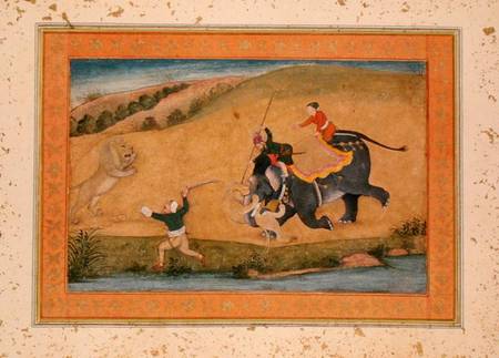 Three men lion hunting, from the Large Clive Album à École moghole