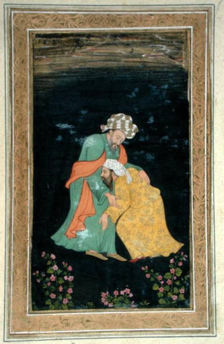 A Mullah bowing down to a man in Iranian dress who lifts him up from his supplication, from the Smal à École moghole
