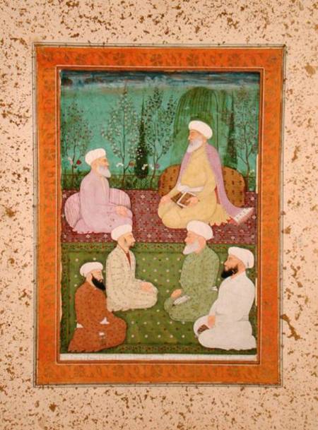 Six Muslim holy men seated on a garden terrace, from the Large Clive Album à École moghole