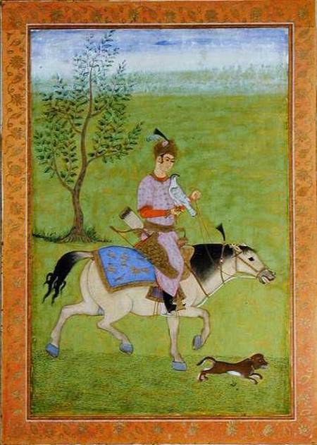 A prince hawking on horseback, from the Large Clive Album  on à École moghole