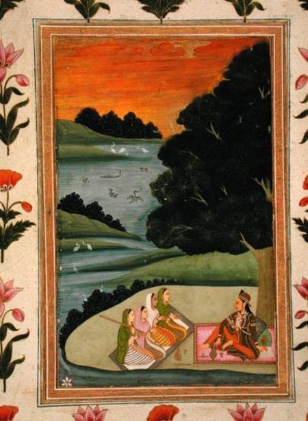 A Princess listening to female musicians by a river at sunset, from the Small Clive Album à École moghole