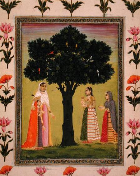 A princess with her son meets two ladies who offer gifts, from the Small Clive Album à École moghole