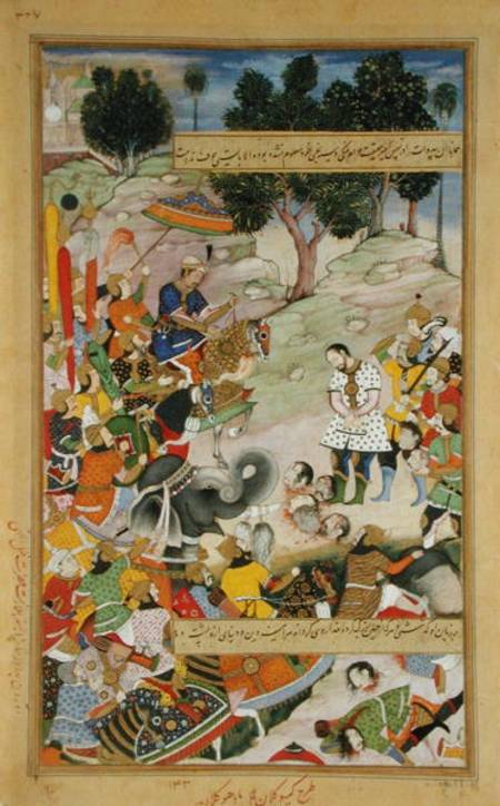 The rebel Bahadur Khan (d.1601) as a prisoner in the presence of Akbar (r.1556-1605) in 1567, from t à École moghole