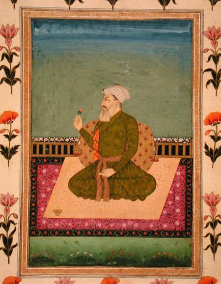 A ruler seated on a carpet or terrace, holding a flower, from the Small Clive Album à École moghole