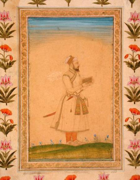 Standing figure of a nobleman, holding a book, from the Small Clive Album à École moghole