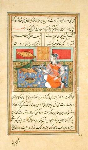 Kjujista, the Merchant's Wife, talking to a Parrot, Calligraphy & illustration from the 'Tuti'nama',