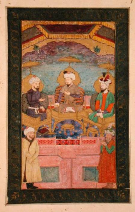 Timur (1336-1405), Babur (1483-1530, r.1526-30) and Humayan (1508-56, r.1530-56) enthroned together, à École moghole