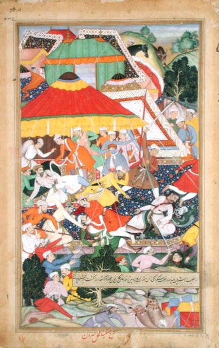 The Wounding of Kilan Khan by a Rajiput during his march to Gujerat in 1573, from the 'Akbarnama' ma à École moghole