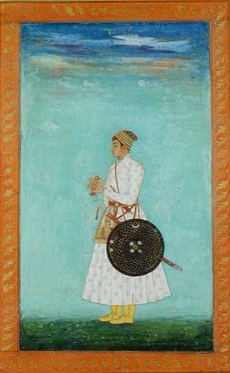 A young nobleman of the Mughal court holding a sealed brocade envelope,  from the Large Clive Album à École moghole