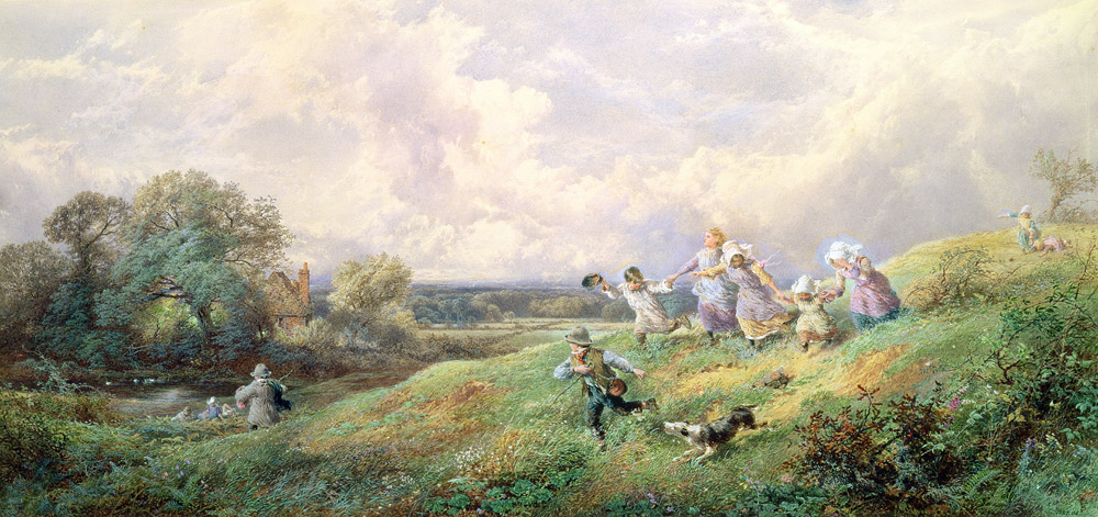 Children Running Down a Hill à Myles Birket Foster