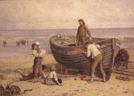 Boat, figures and sea à Myles Birket Foster