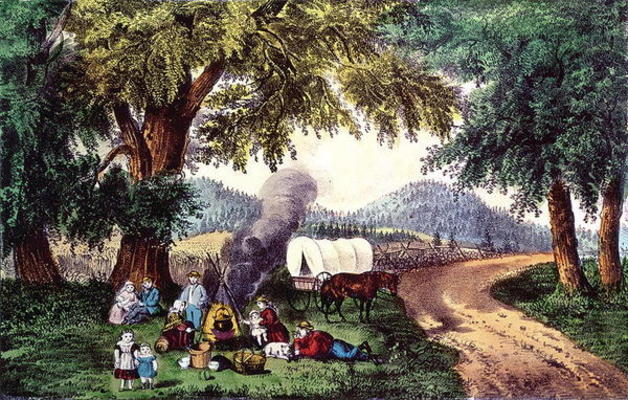 A Halt by the Wayside (print) 9:picnic; cauldron; sisters; pipe; covered wagon; settlers; American; à N. Currier