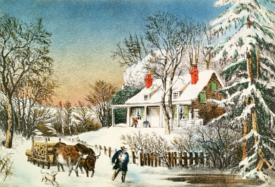 Bringing Home the Logs, Winter Landscape, 19th century à N. Currier