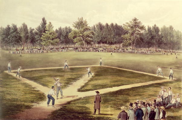 The American National Game of Baseball - Grand Match at Elysian Fields, Hoboken, NJ, 1866 (colour li à N. Currier