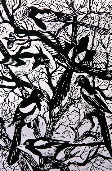 Magpies, 1997 (woodcut)  à Nat  Morley