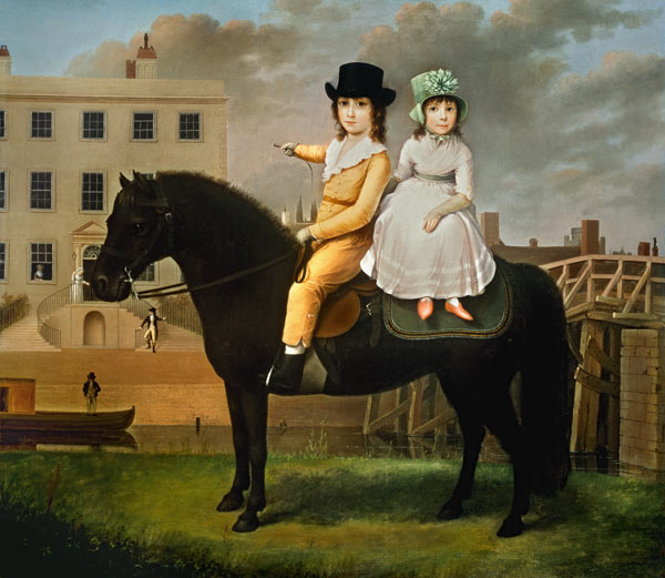 Two Children Seated On A Black Pony à Nathan Theodore Fielding