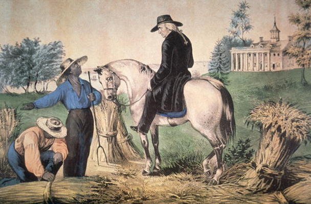 George Washington (1732-99) on his Mount Vernon estate with his black field workers in 1757, publish à Nathaniel Currier