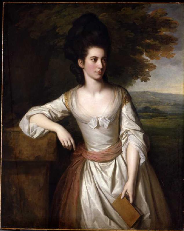 Mrs. Vere in einem weißen Kleid mit pinker Schleife, ein Buch in ihrer Linken haltend, eine Landscha à Nathaniel Dance