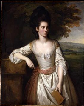 Mrs. Vere in einem weißen Kleid mit pinker Schleife, ein Buch in ihrer Linken haltend, eine Landscha