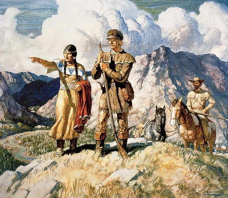 Sacagawea with Lewis and Clark during their expedition of 1804-06 (colour litho) à Newell Convers Wyeth