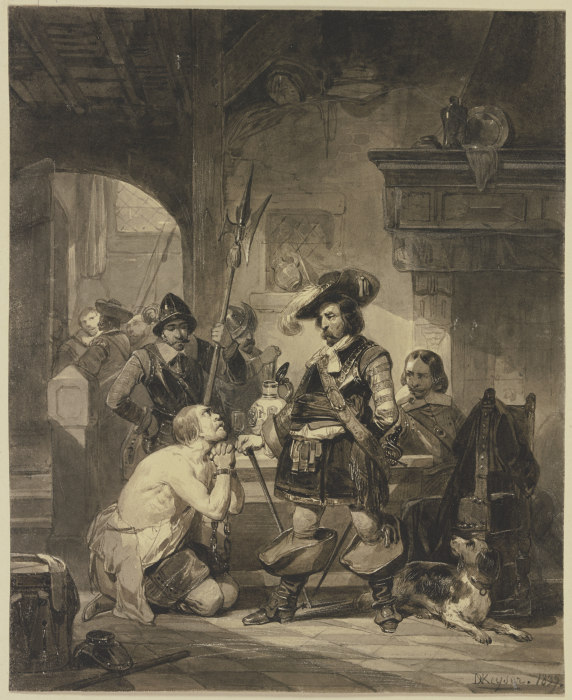 Eine Wachstube, auf den Knien ein Ketten Geschlagener einen Befehlshaber anflehend à Nicaise de Keyser