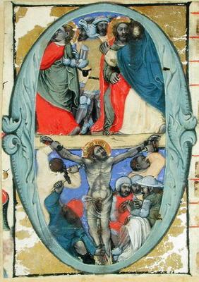 Historiated initial 'O' depicting the Kiss of Judas and the Crucifixion, c.1370 (vellum)