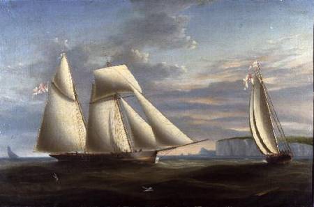 A topsail schooner and a schooner of the Royal Yacht Squadron off the coast of Dorset (panel) à Nicholas Condy