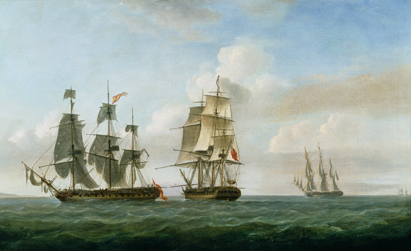 The Spanish frigate 'La Fama' having outsailed the 'Medusa' engages with and surrenders to H.M.S. 'L à Nicholas Pocock