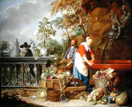 A Maid Washing Carrots at a Fountain with Two Gardeners at Work à Nicolaas or Nicolaes Muys