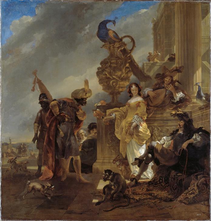 Ein Handelsherr, am Hafenpalast einen Mohren empfangend à Nicolaes Berchem