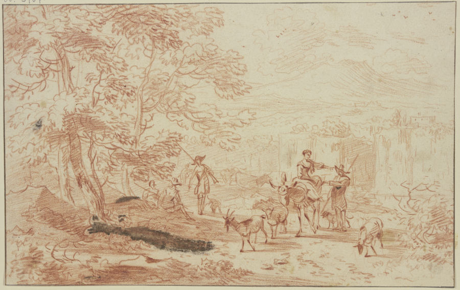 Am Saum eines Waldes lagern Jäger, dabei ein Hirte und eine Hirtin auf einem Esel mit zwei Schafen u à Nicolaes Berchem