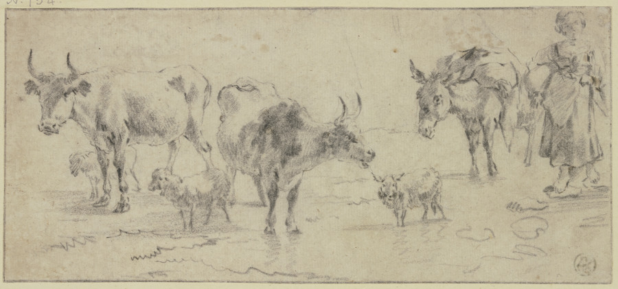 Hirtin bei einem Esel sowie drei Kühen und drei Schafen à Nicolaes Berchem