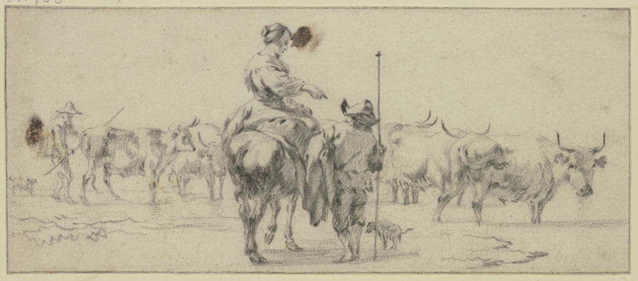 Hirtin zu Pferde, zwei Hirten zu Fuß, bei einer Kuhherde à Nicolaes Berchem