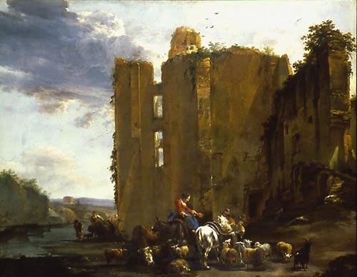 Paysage italien de ruines avec le troupeau à Nicolaes Berchem