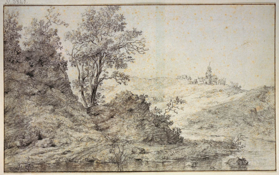 Landschaft mit Wasser, auf dem Hügel Hirte und Hirtin mit Vieh à Nicolaes Berchem
