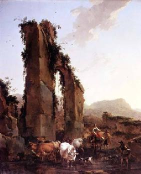 Peasants with Cattle by a Ruined Aqueduct