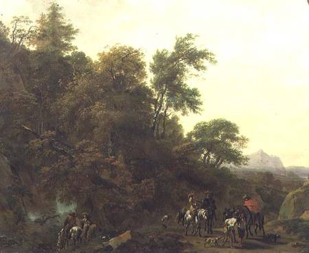 Wooded Landscape with Soldiers Escorting Prisoners à Nicolaes Berchem