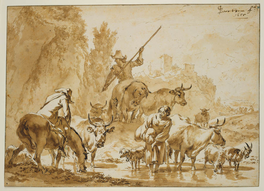 Zwei Hirten zu Pferde treiben Vieh durchs Wasser, die Hirtin mit einem Sack wartet hindurch à Nicolaes Berchem