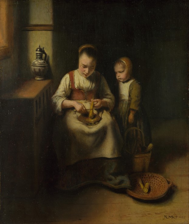 A Woman scraping Parsnips, with a Child standing by her à Nicolaes Maes