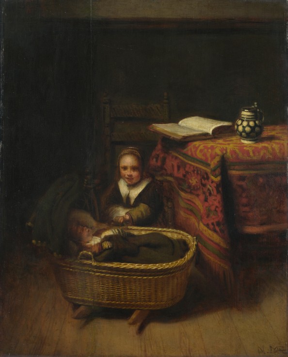 A Little Girl rocking a Cradle à Nicolaes Maes